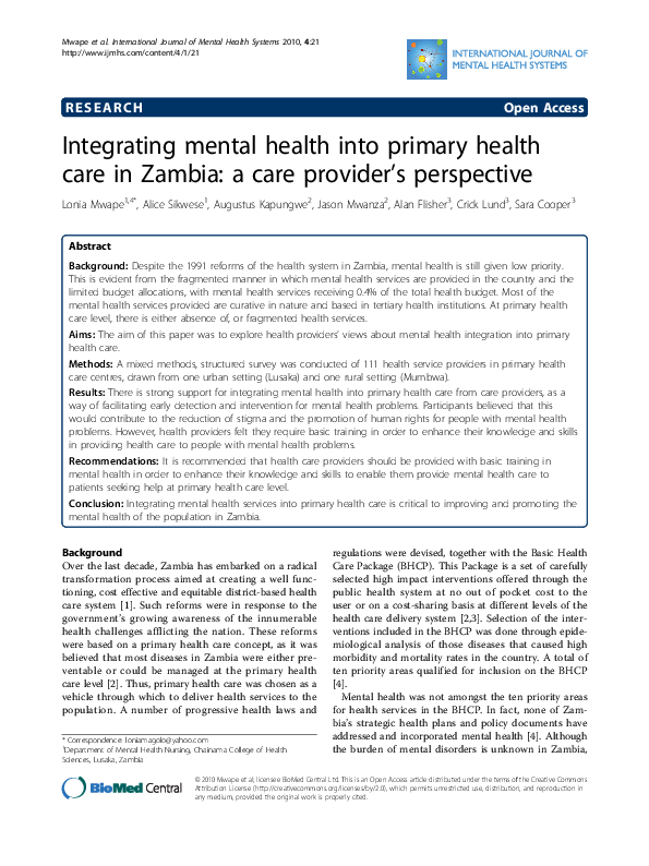 (PDF) Integrating mental health into primary health care in Zambia: a