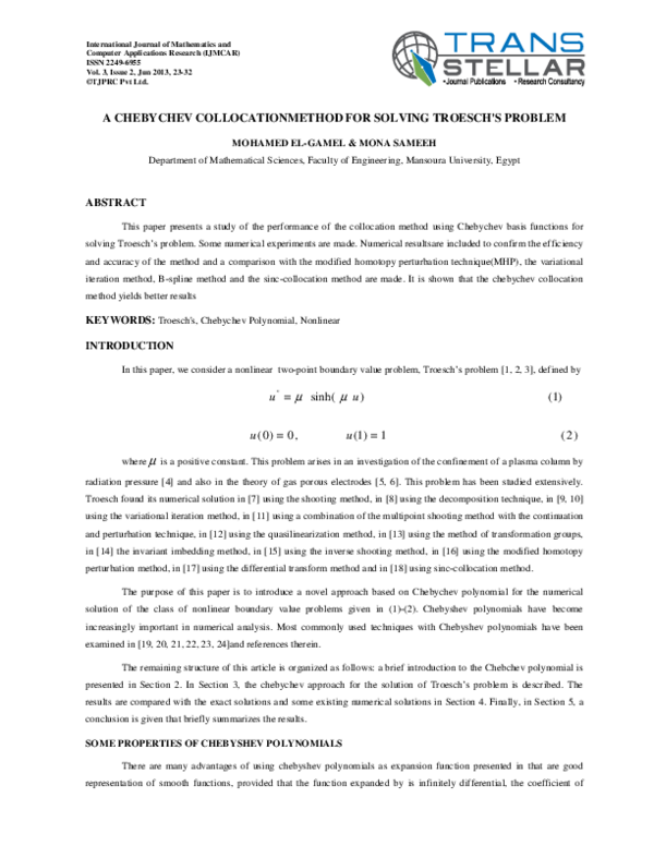 (PDF) A Chebychev Collocation Method for Solving Troesch's Problem