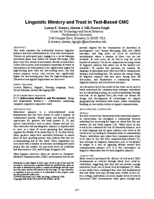(PDF) Linguistic mimicry and trust in text-based CMC