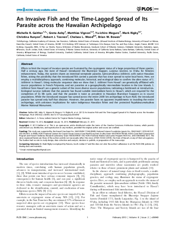 (PDF) An Invasive Fish and the Time-Lagged Spread of Its Parasite ...