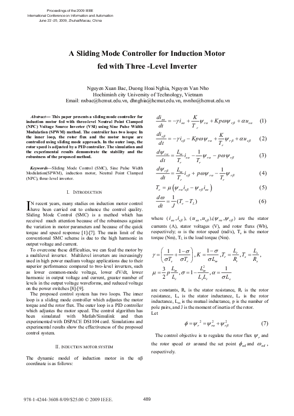 (PDF) A sliding mode controller for induction motor fed with three ...