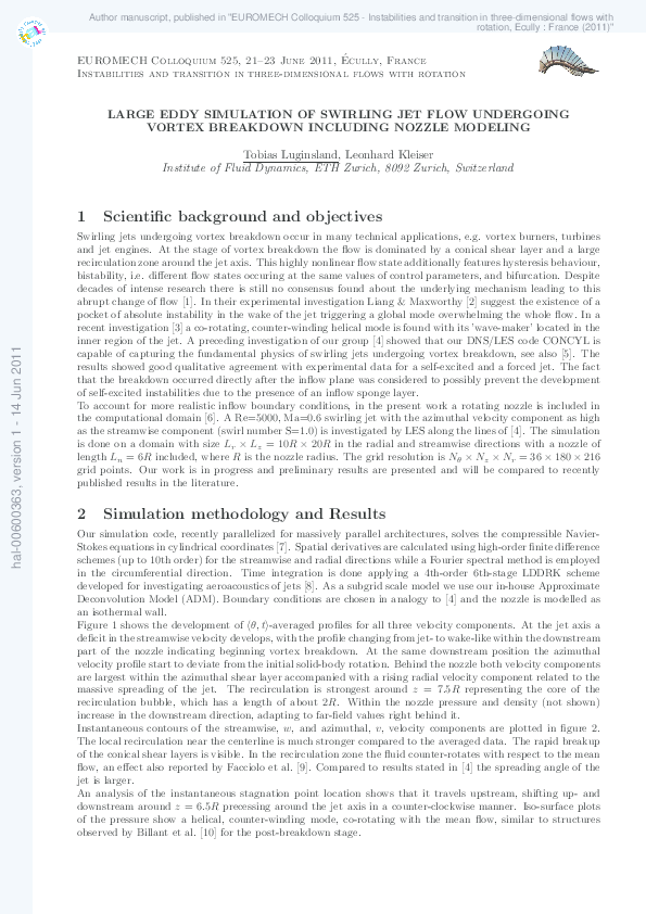 (PDF) Large eddy simulation of swirling jet flow undergoing vortex ...