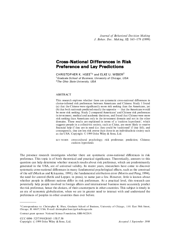 (PDF) Crossnational differences in risk preference and lay predictions