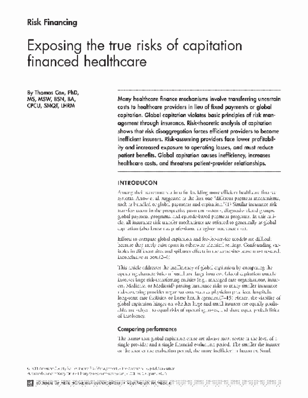 (PDF) Exposing the true risks of capitation financed healthcare