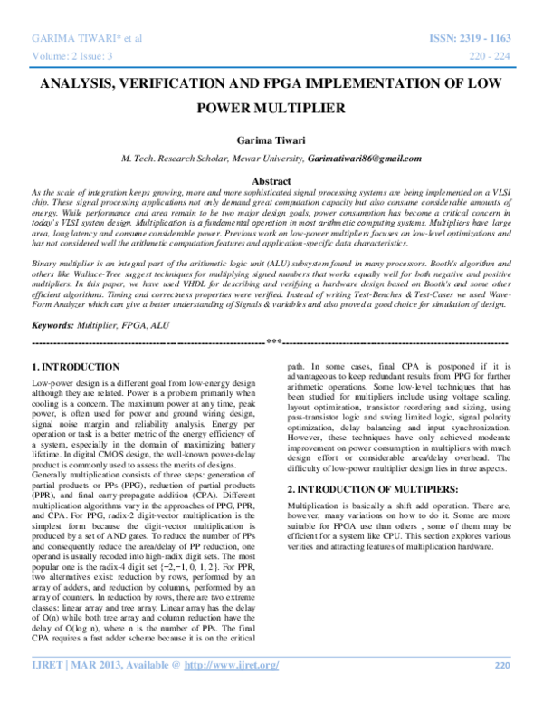 (PDF) ANALYSIS, VERIFICATION AND FPGA IMPLEMENTATION OF LOW POWER ...