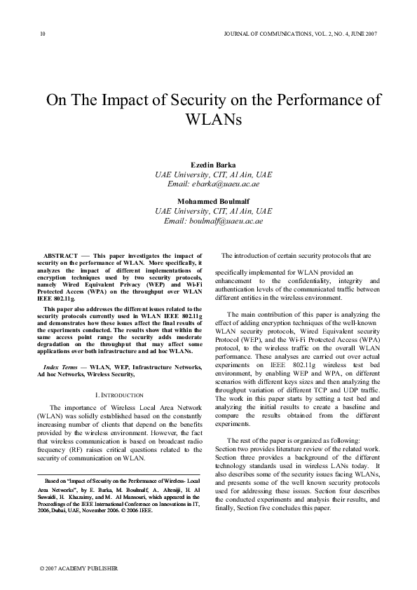 (PDF) On the Impact of Security on the Performance of WLANs