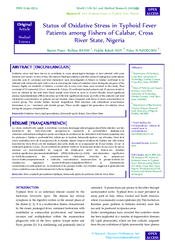 Pdf Diminution In Concentration Of Free Radical Scavenger System In Salmonella Typhii Infections In Some Fishing Communities Of Cross River State Nigeria Rrp Journals Academia Edu