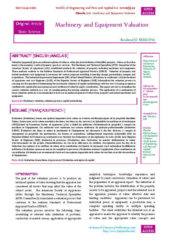 (PDF) Machinery and Equipment Valuation RRP JOURNALS Academia.edu