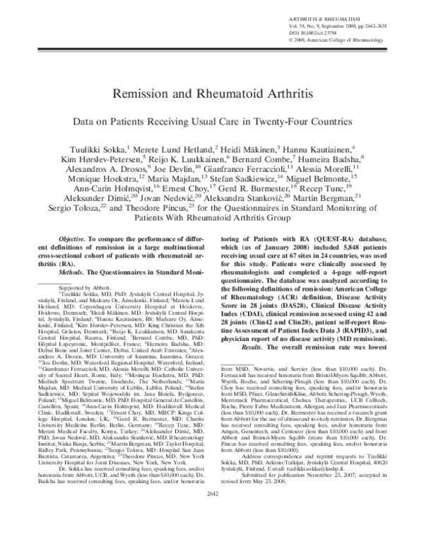 (PDF) Remission and rheumatoid arthritis: Data on patients receiving ...