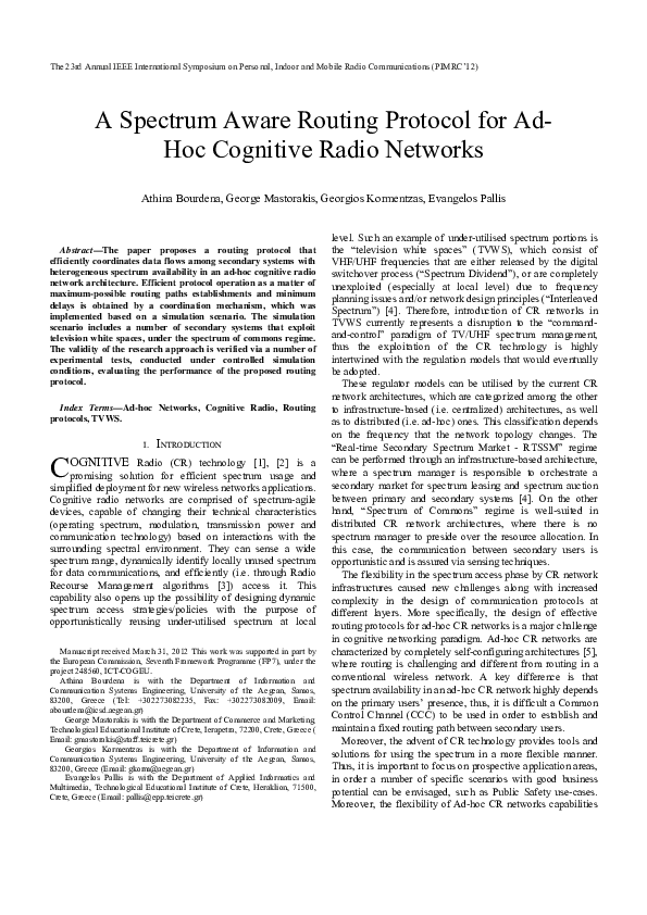 (PDF) A Spectrum Aware Routing Protocol for Ad-Hoc Cognitive Radio Networks