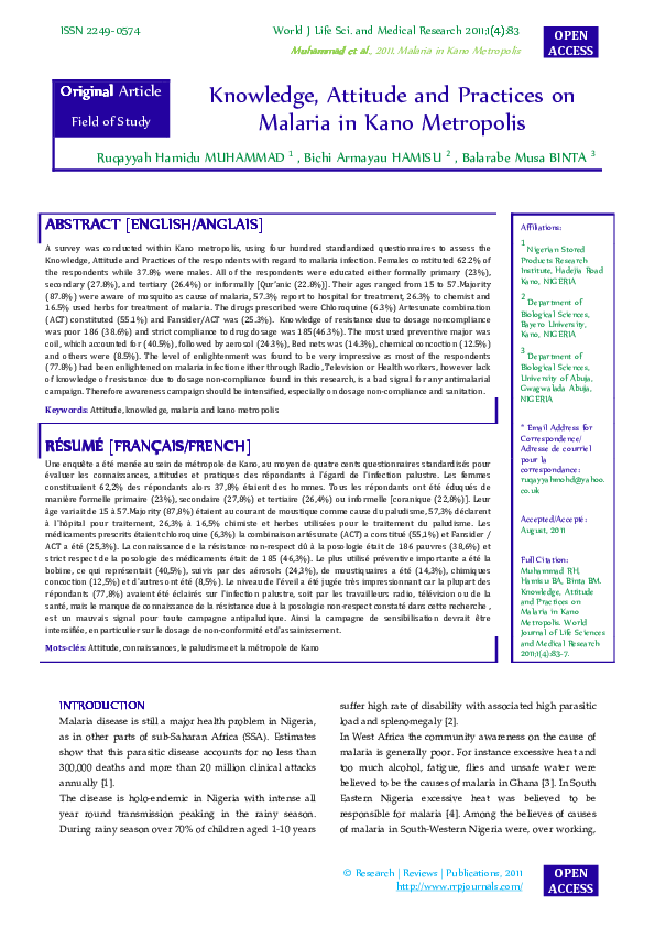 (PDF) Knowledge Attitude and Practices on Malaria in Kano Metropolis