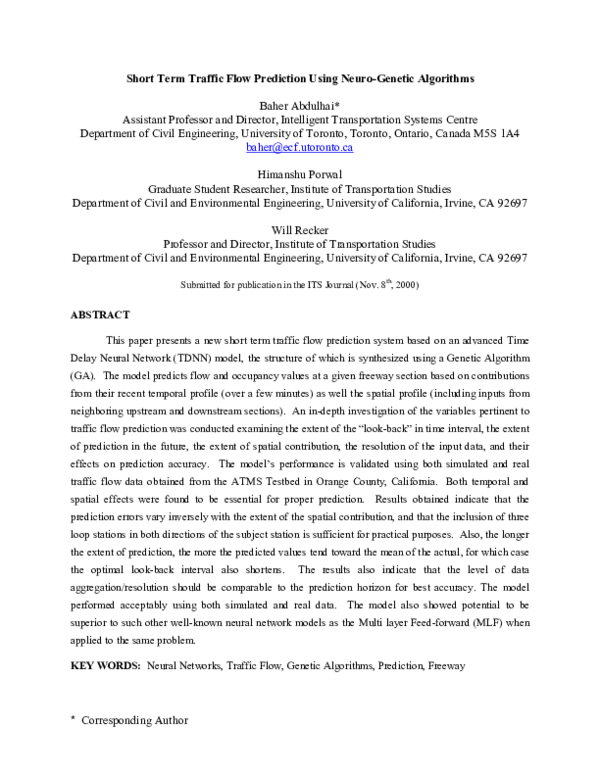 (PDF) Short-term traffic flow prediction using neuro-genetic algorithms