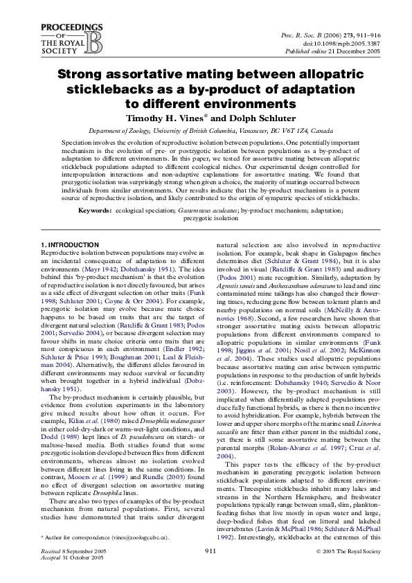 (PDF) Strong assortative mating between allopatric sticklebacks as a by ...