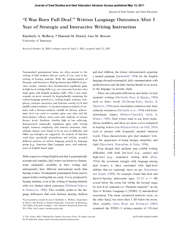 (PDF) “I Was Born Full Deaf.” Written Language Outcomes After 1 Year of ...