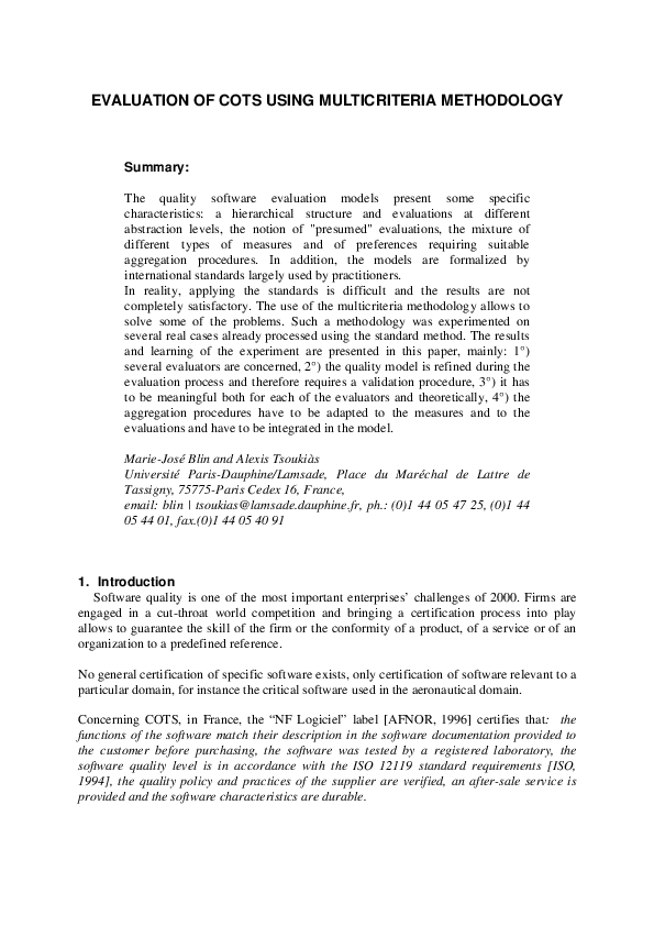 (PDF) EVALUATION OF COTS USING MULTICRITERIA METHODOLOGY Summary