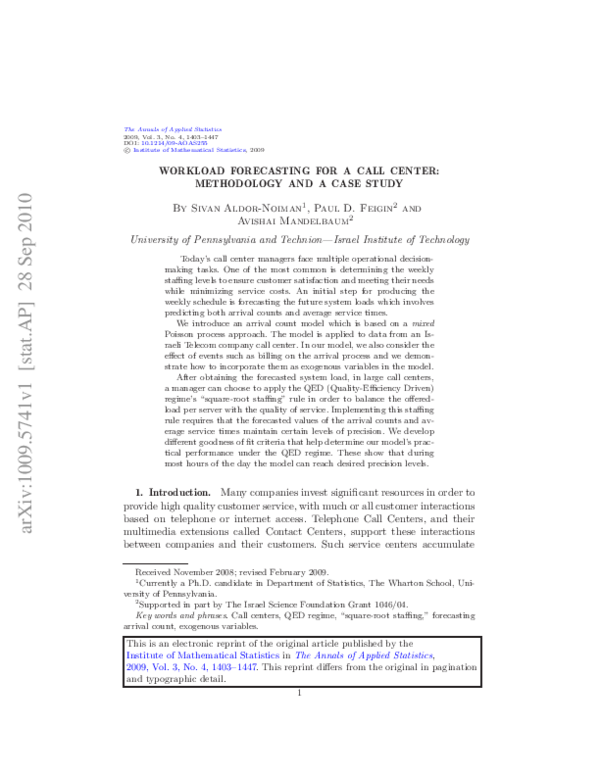 (PDF) Workload forecasting for a call center: Methodology and a case study
