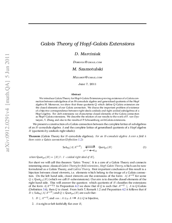 PDF) Galois Theory of Hopf Galois Extensions