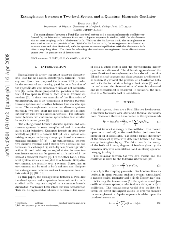 (PDF) Entanglement between a Two-level System and a Quantum Harmonic ...