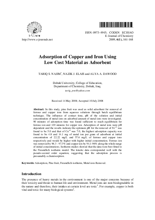 (PDF) Adsorption of Copper and Iron Using Low Cost Material as Adsorbent