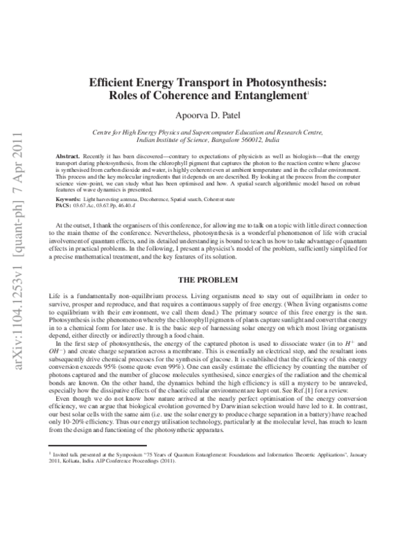 (PDF) Efficient Energy Transport in Photosynthesis: Roles of Coherence ...