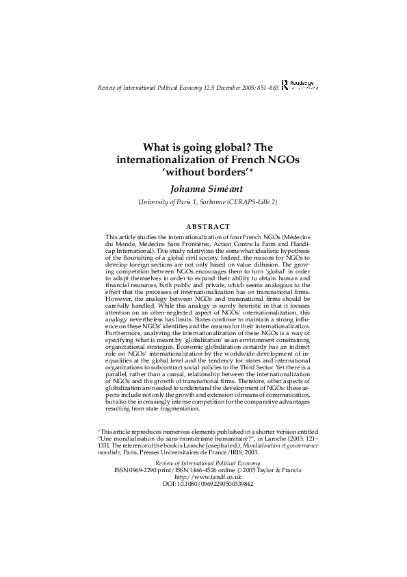 First page of “What is going global? The internationalization of French NGOs 'without borders'*”