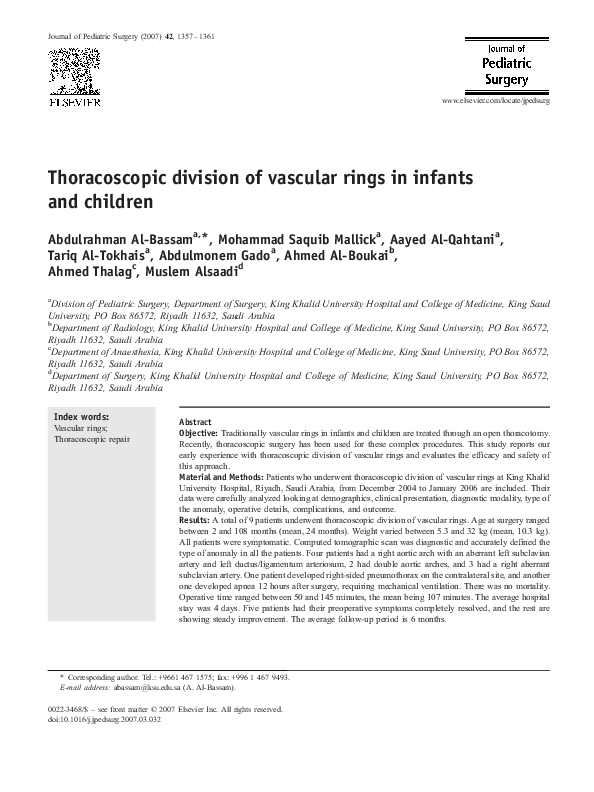 (PDF) Thoracoscopic division of vascular rings in infants and children