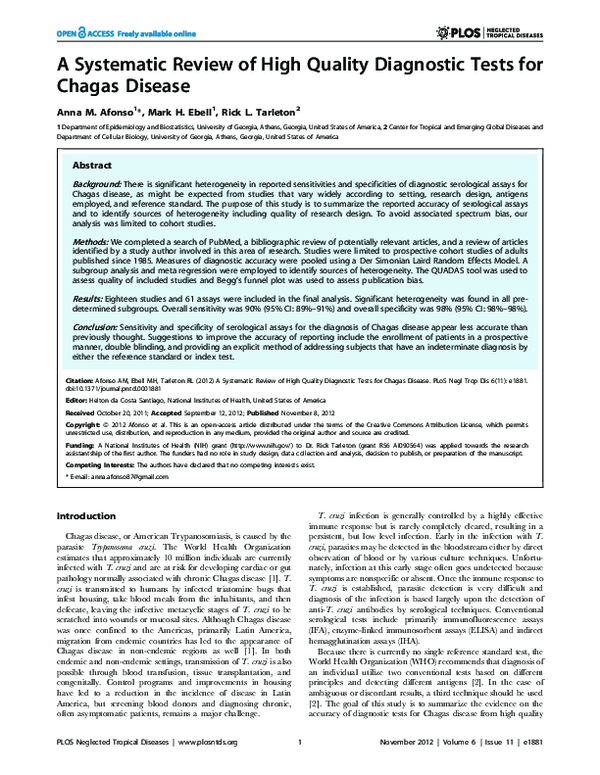 (PDF) A Systematic Review of High Quality Diagnostic Tests for Chagas ...