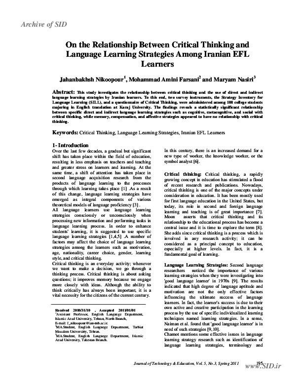 Pdf On The Relationship Between Critical Thinking And Language