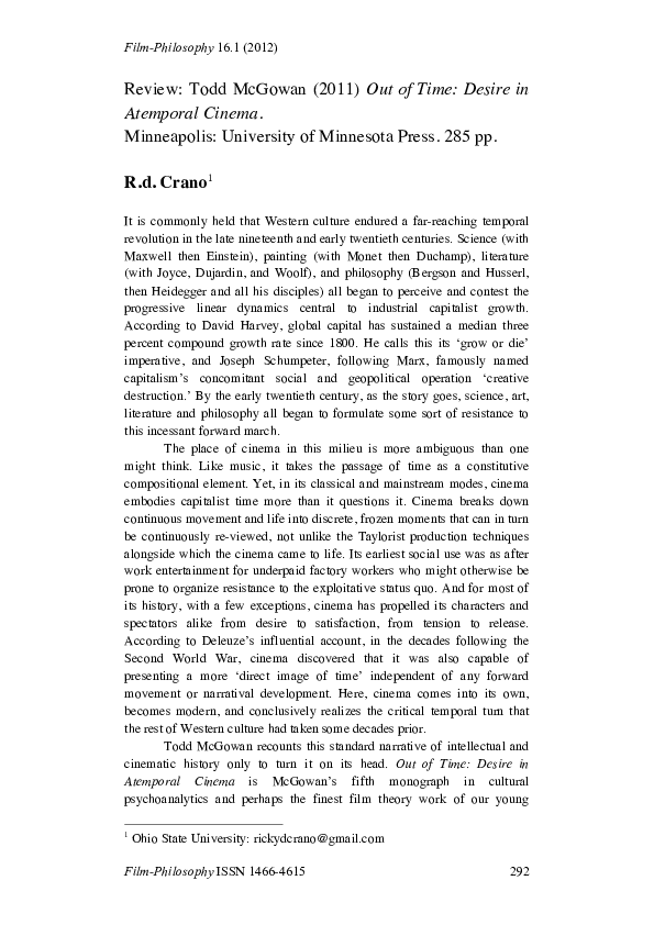 Pdf Review Todd Mcgowan 2011 Out Of Time Desire In Atemporal Cinema Ricky R D Crano Academia Edu