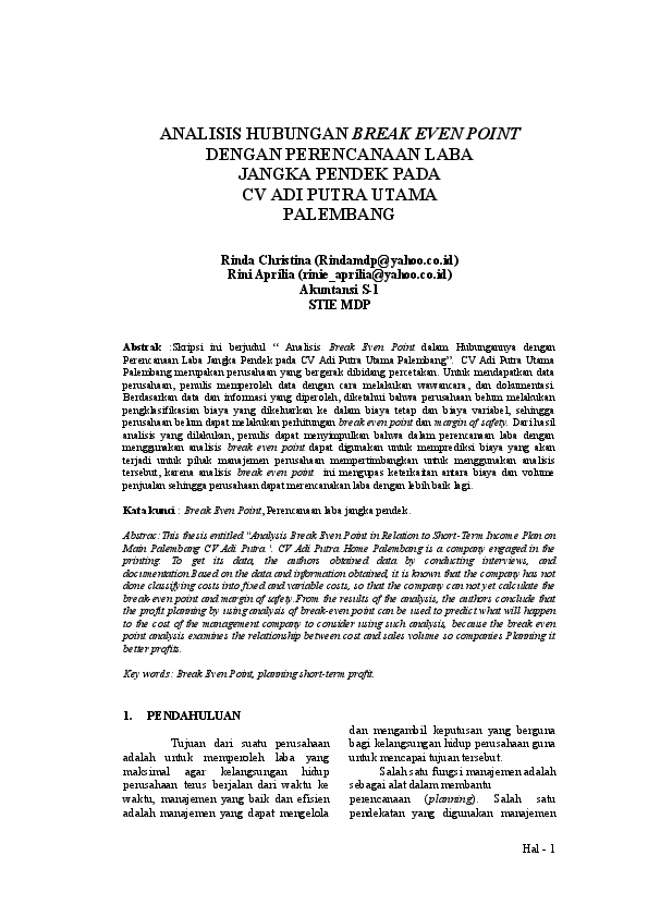 Pdf Analisis Hubungan Break Even Point Dengan Perencanaan Laba Jangka Pendek Pada Cv Adi Putra Utama Palembang Adi Kuswadi Academia Edu