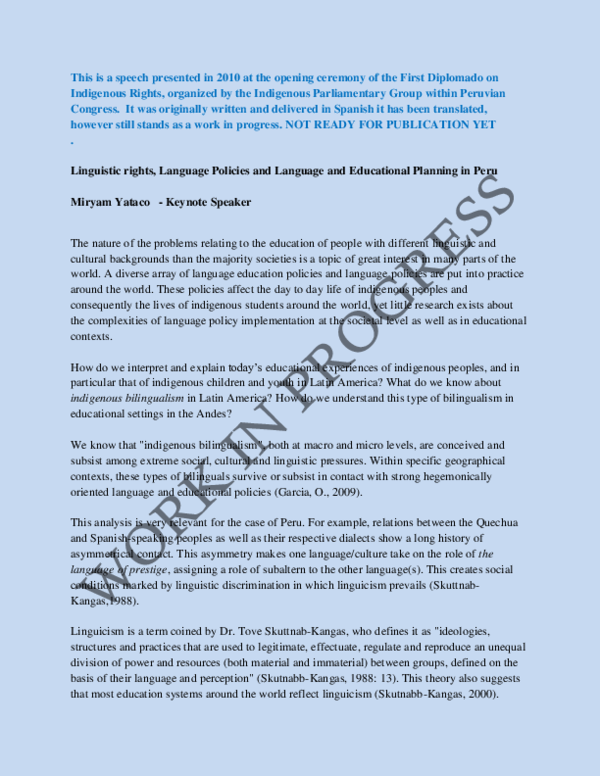 (PDF) Speech on Language Rights - Keynote at Peruvian Congress Peru 2010