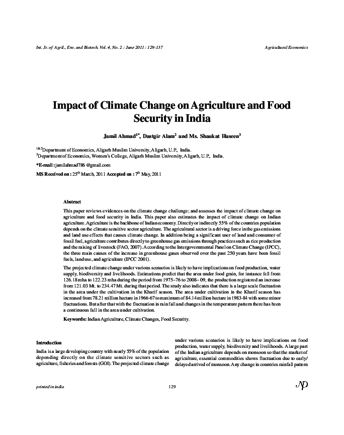 (PDF) Impact of Climate Change on Agriculture and Food Security in India