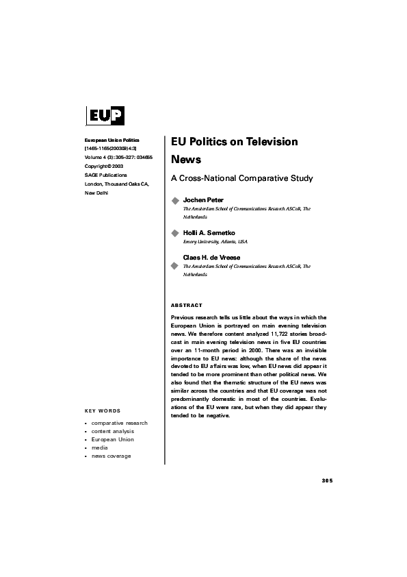 (PDF) EU Politics on Television News A CrossNational Comparative Study