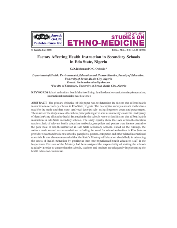 (PDF) Factors Affecting Health Instruction in Secondary Schools in Edo ...