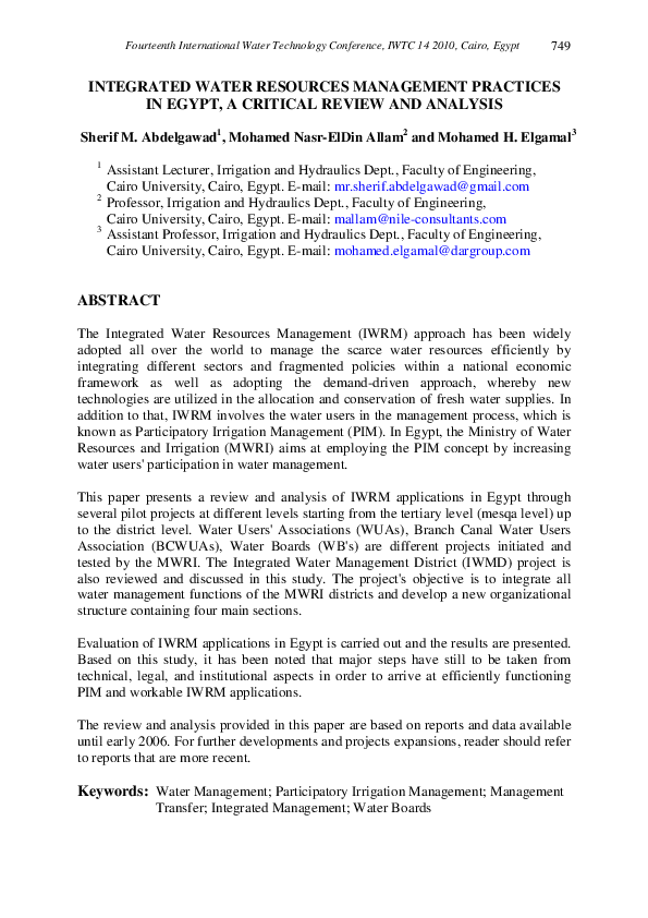 (PDF) INTEGRATED WATER RESOURCES MANAGEMENT PRACTICES IN EGYPT, A ...