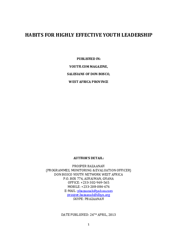 (PDF) HABITS FOR HIGHLY EFFECTIVE YOUTH LEADERSHIP. Prosper Bazaanah