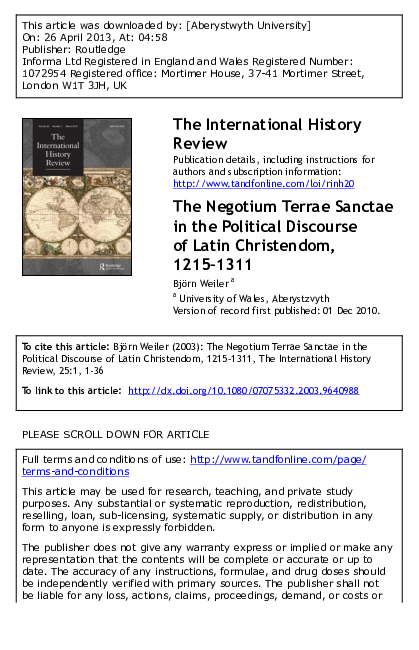 The Negotium Terrae Sanctae in the Political Discourse of Latin Christendom, 1215–1311