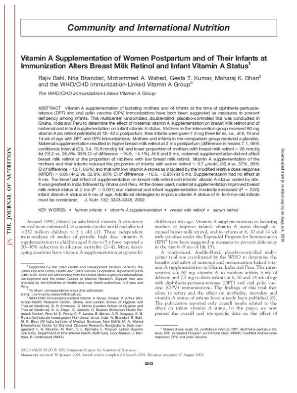 (PDF) Vitamin A Supplementation of Women Postpartum and of Their ...
