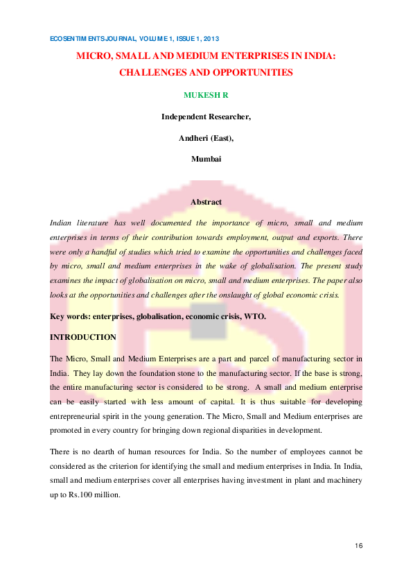(PDF) MICRO, SMALL AND MEDIUM ENTERPRISES IN INDIA: CHALLENGES AND ...