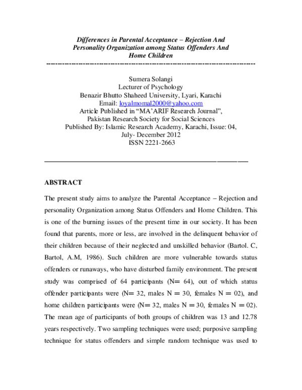 (PDF) Differences in Parental Acceptance - Rejection and Personality ...