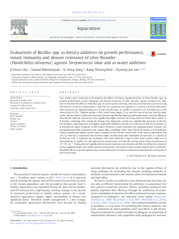 (PDF) Evaluations of Bacillus spp. as dietary additives on growth ...