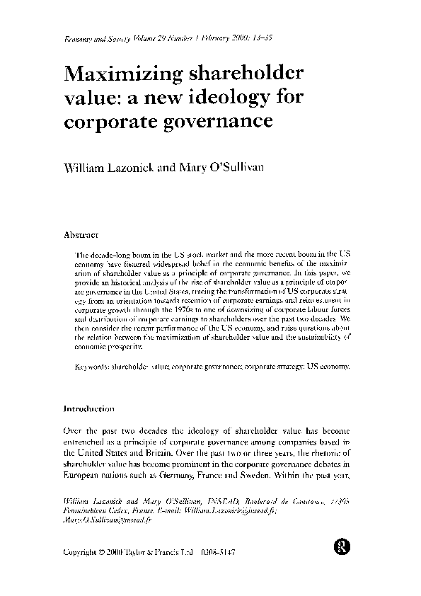 Pdf Maximizing Shareholder Value A New Ideology For Corporate Governance