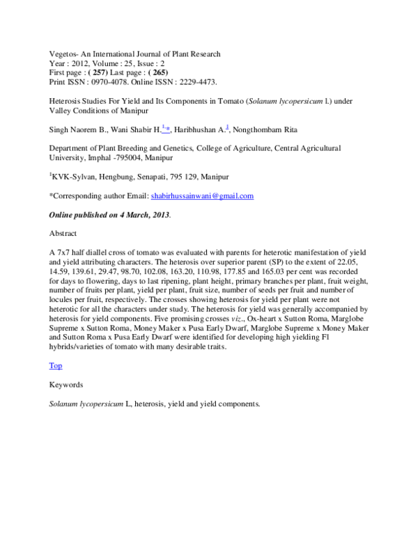 (DOC) Heterosis Studies For Yield and Its Components in Tomato (Solanum ...