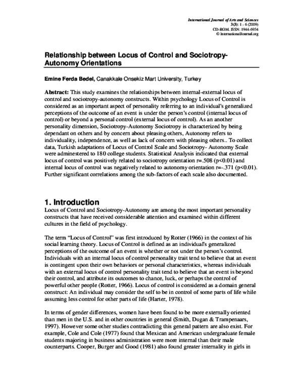 (PDF) Relationship between Locus of Control and Sociotropy-Autonomy ...