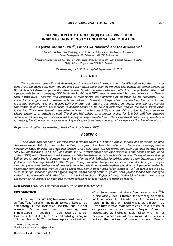 (PDF) EXTRACTION OF STRONTIUM (II) BY CROWN ETHER: INSIGHTS FROM ...