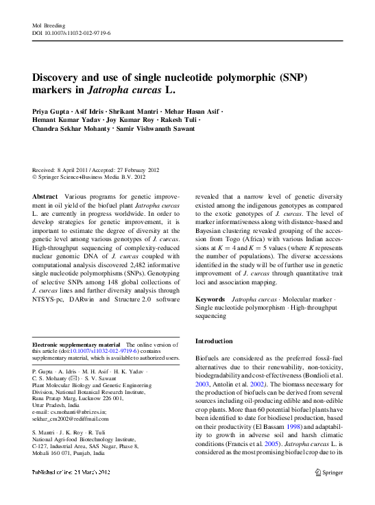 (PDF) Discovery and use of single nucleotide polymorphic (SNP) markers ...