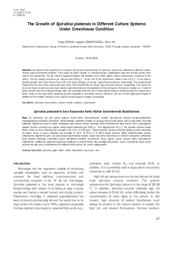 (PDF) The growth of Spirulina platensis in different culture systems ...