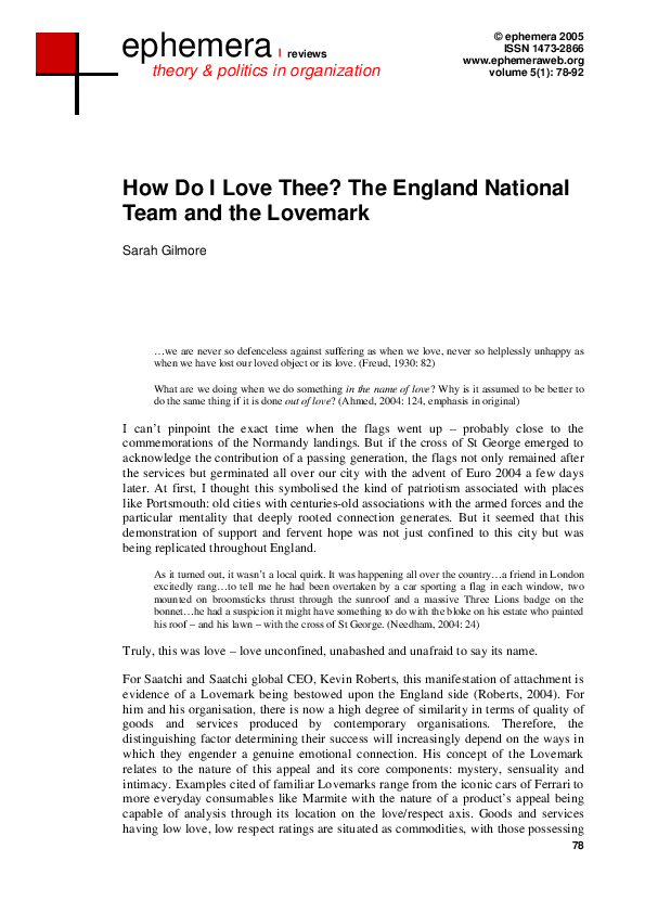 (PDF) How do I love thee? The England national team and the lovemark Sarah Gilmore Academia.edu