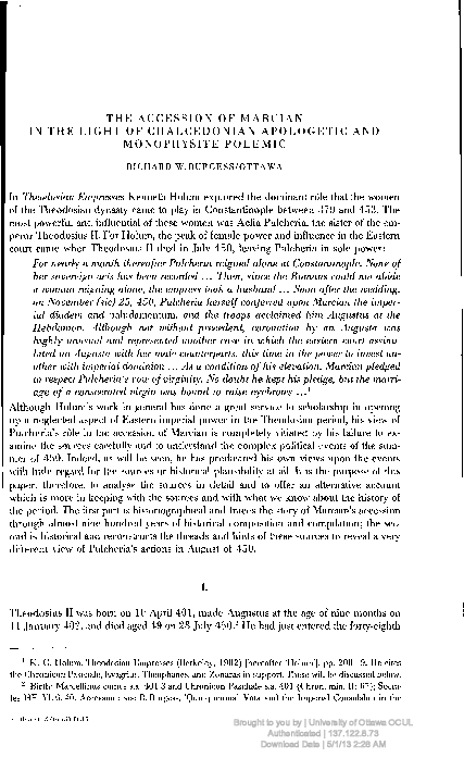 ‘The Accession of Marcian in the Light of Chalcedonian Apologetic and Monophysite Polemic’. Byzantinische Zeitschrift 86/87 (1993/1994), 47-68