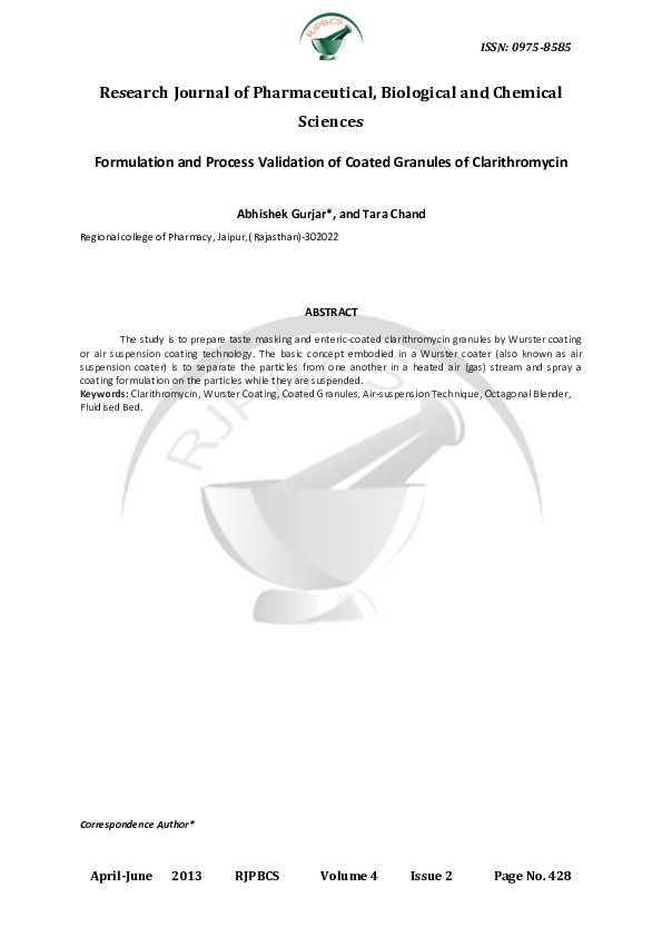 (PDF) Formulation and Process Validation of Coated Granules of ...